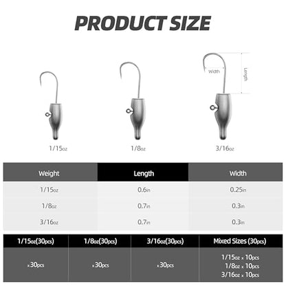 30PCS Fishing Jig Heads & Offset Worm Hooks, High-Carbon Steel for Straight-Rig Soft Plastics, Curly Tails & Stickbaits, Ideal for Vertical Jigging & Micro Fishing, Freshwater & Saltwater - size: Mixed Sizes