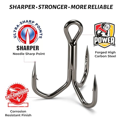 Fishing Treble Hooks 50PCS, 5X Strong High Carbon Steel, Ultra Sharp Barbed Round Bend, Rustproof Replacement Hooks for Bass Trout, Saltwater & Freshwater, Sizes #6#4#2 - size: #2 * 50PCS