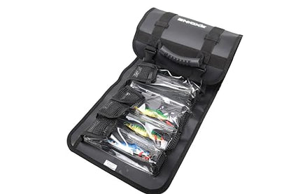 Lure Roll Up Fishing Jig Pouch Tackle bags | Heavy Duty Compact Waterproof Tarpaulin Fish Lure Pouch | 10 Clean Window Pockets for Fishing Lures Jigs Tools Storage