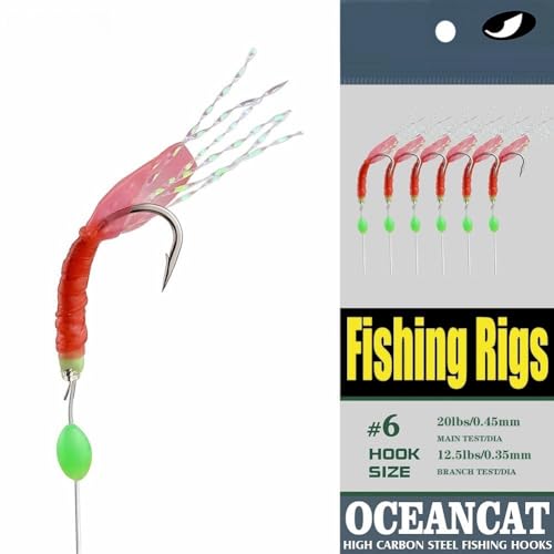 5/10/25/50/100 Packs Fishing Rigs 6 Hook/Set Red Skin Rubber Silk String Hook Fishing Lure Saltwater Freshwater Bait Rig Tackle 5#6#7#8#9#10# - size: #5 -20 Packs