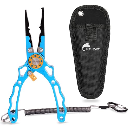 Fishing Pliers Saltwater, Split Ring Pliers Hook Remover with Safety Lock, Fishing Tools with Sheath and Lanyard, Fishing Gifts for Men - color: Blue