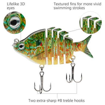 Bassdash SwimPanfish 0.34oz Hard Swimbaits Multi Jointed Topwater Trout Bass Fishing Crank Lure for Freshwater and Saltwater - color: Green/Orange Pumpkinseed