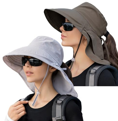Womens Sun Hat UPF 50+ Wide Brim and Ponytail Hole, Hiking Safari Hat with Neck Flap… - color: Light Grey+army Green