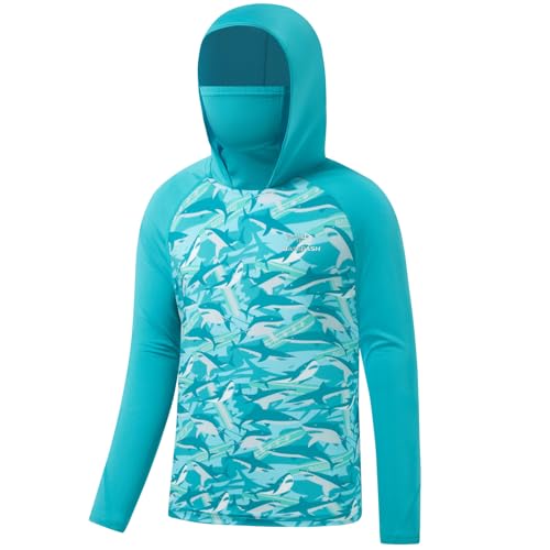 BASSDASH Youth UPF 50+ Hooded Shirts with Mask UV Neck Gaiter Sun Protection Long Sleeve T Shirt for Fishing Swim - color: Coastal Shade/Shark, size: Small