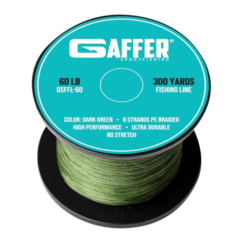 Gaffer Sportfishing Braided Fishing Line – Green – 8-Strand UHMWPE Braid, Ultra-Strong Zero-Stretch, Smooth Coated – Abrasion-Resistant for Saltwater & Freshwater – High Knot Strength - size: 300Yards - 60lb