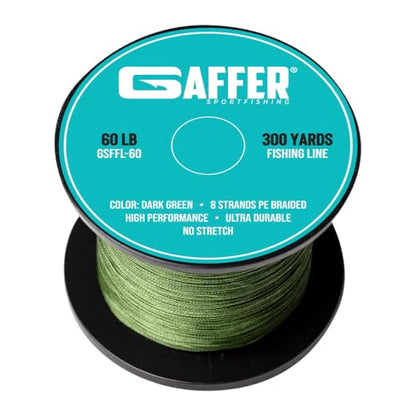 Gaffer Sportfishing Braided Fishing Line – Green – 8-Strand UHMWPE Braid, Ultra-Strong Zero-Stretch, Smooth Coated – Abrasion-Resistant for Saltwater & Freshwater – High Knot Strength - size: 300Yards - 60lb