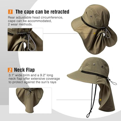 Oversized XL XXL Mens Sun Hat Big Head Neck Flap Shade Waterproof UPF50+ Wide Brim Hat Fishing Safari Hiking - color: Army Green, size: X-Large-XX-Large