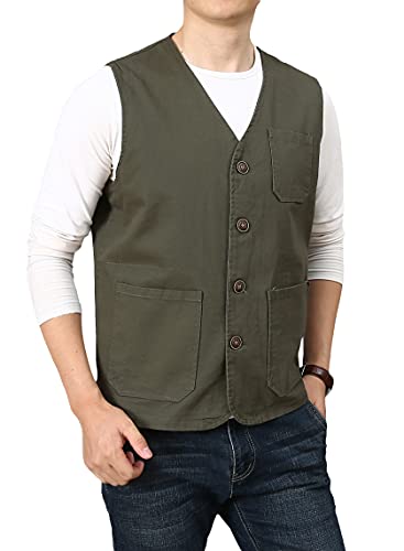 PRIJOUHE Men's Casual Outdoor Cotton Vest Lightweight Breathable Multi-Pocket Fishing Safari Travel Vests Outwear - color: 02-green, size: X-Large