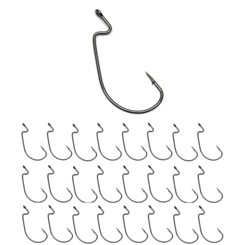 Reaction Tackle Offset EWG Worm Hooks - Super Strong Wide Gap Texas Rig Hooks for Soft Plastic Baits - High Carbon Steel Bass Fishing Hooks (25-Pack) - size: #2/0