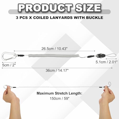 PATIKIL Coiled Lanyards with Buckle Retractable Safety Ring and Quick Release Detachable Buckle for Fishing Equipment - color: Silver Tone, size: 59 Inch