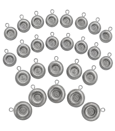 No Roll Disc Sinkers Fishing Weights, Coin Sinkers with Metal Eye, Flat Round Lead Weights for Catfish Rigs, Surf, Pier, Bottom, Saltwater & Freshwater Fishing - size: 26 Pcs / 4 Sizes