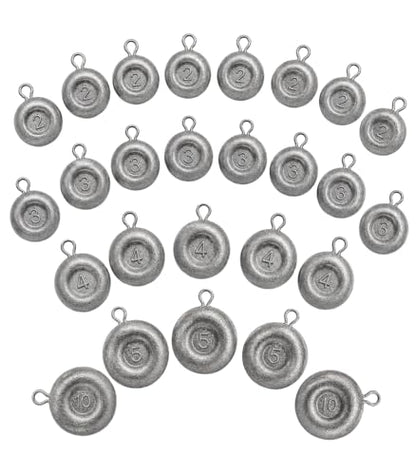No Roll Disc Sinkers Fishing Weights, Coin Sinkers with Metal Eye, Flat Round Lead Weights for Catfish Rigs, Surf, Pier, Bottom, Saltwater & Freshwater Fishing - size: 26 Pcs / 4 Sizes
