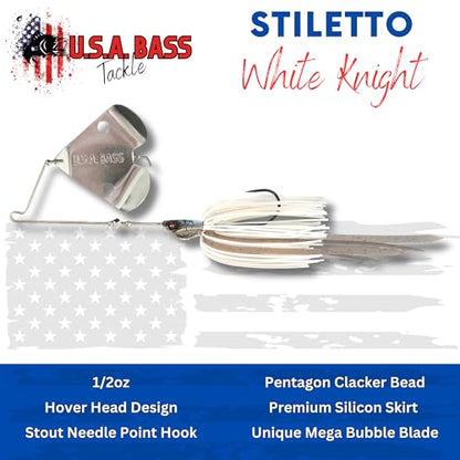 USA BASS Tackle Stiletto Buzzbait Largemouth Smallmouth Spotted Bass Premium Fishing Bait Hover Head Custom Silicon Skirt Mega Bubble Blade Clacker Heavy Duty Hook - color: White Knight