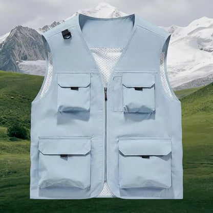 Men's Outdoor Fishing Vest Multi-Pocket Casual Lightweight Quick Dry Travel Photography Hiking Hunting Utility Vests - color: Light Blue, size: X-Large
