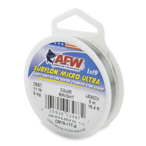 American Fishing Wire Surflon Micro Ultra Nylon Coated 1x19 Stainless Steel Leader Wire - Knottable Fishing Leaders Saltwater & Fly Fishing, 6lb Test - 61lb Test, Bright, Black & Camo Colors - color: Bright, style: 5 Meter, 11 Pound Test