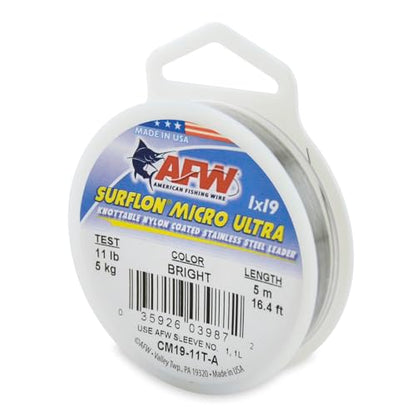 American Fishing Wire Surflon Micro Ultra Nylon Coated 1x19 Stainless Steel Leader Wire - Knottable Fishing Leaders Saltwater & Fly Fishing, 6lb Test - 61lb Test, Bright, Black & Camo Colors - color: Bright, style: 5 Meter, 11 Pound Test