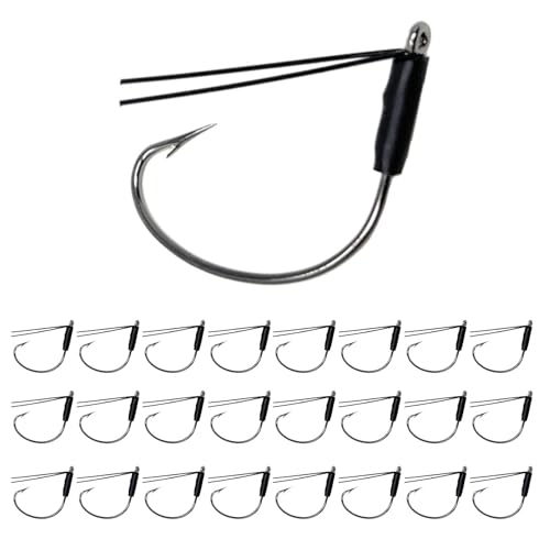 Reaction Tackle Wide Gap Wacky Hooks, Weedless Worm Hooks for Bass, High Carbon Steel Hooks for Stick Worm Soft Plastics, Neko Rig and Finesse Fishing (25-Pack) - size: #1/0 Fiber Guard