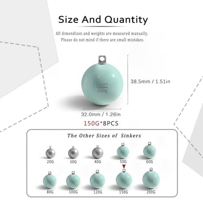 Lead Free Fishing Weights Sinkers 20g-200g Coated Egg Sinkers Cannonball Weights Assorted Sizes Bag and Fishing Weights Assortment Box Non-Lead Fishing Weights Saltwater Freshwater - style: 150g(5.29oz)-8pcs