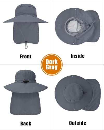 Outdoor Sun Hats with Stowable Neck Flap for Men Women UPF 50+ Mesh Summer Bucket Hat Wide Brim for Fishing Safari Hiking - color: Dark Grey
