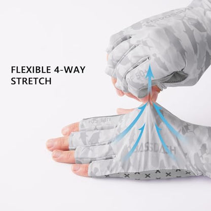BASSDASH 3/4 Finger UPF 50+ Sun Gloves Breathable Anti-Slip Silicone Palm for Men Women Fishing Fingerless Cycling Running - color: Grey Fishes, size: Small