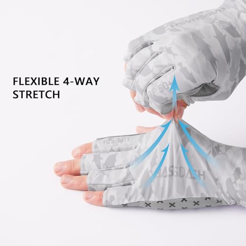 BASSDASH 3/4 Finger UPF 50+ Sun Gloves Breathable Anti-Slip Silicone Palm for Men Women Fishing Fingerless Cycling Running - color: Grey Fishes, size: Medium