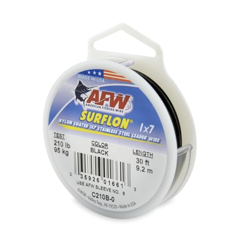 American Fishing Wire Surflon Nylon Coated 1x7 Stainless Steel Wire Leader - Wire Fishing Leader Line for Saltwater 10lb Up To 250lb Test in Bright, Black, Camo in 30ft, 100ft, 300ft, & 1000ft Lengths - color: Black, style: 30 Feet, 210 Pound Test