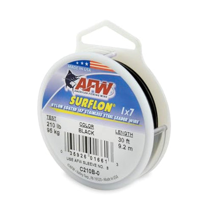 American Fishing Wire Surflon Nylon Coated 1x7 Stainless Steel Wire Leader - Wire Fishing Leader Line for Saltwater 10lb Up To 250lb Test in Bright, Black, Camo in 30ft, 100ft, 300ft, & 1000ft Lengths - color: Black, style: 30 Feet, 210 Pound Test