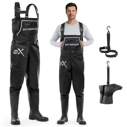 Extremus MarshPro Fishing Waders for Men, 100% Waterproof PVC Chest Waders with Slip-Resistant Boots - color: Black