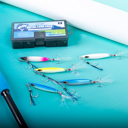 Goture Fishing Jigs, 30g 40g 50g 60g Vertical Jig Saltwater Freshwater, Jig Lures with Assist Hook and Treble Hook, 5PCS Jigging Spoon Lures with Tackle Box, Fishing Jigs for Tuna, Salmon, Bass - color: A1 with Tackle Box, size: 40g