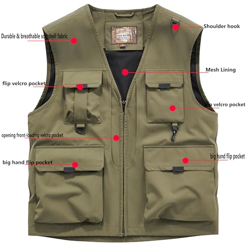 Men's Softshell Fishing Vest Outdoor Lightweight Waistcoat Waterproof Utility Cargo Sleeveless Jacket - color: Military, size: Small