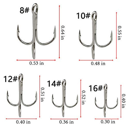 Drasry Fishing Treble Hooks Set for Saltwater Freshwater Size 1/0 to 16 High Carbon Steel Different Fish Hook 50pcs/Box - color: Silver, size: #8 to #16 Small