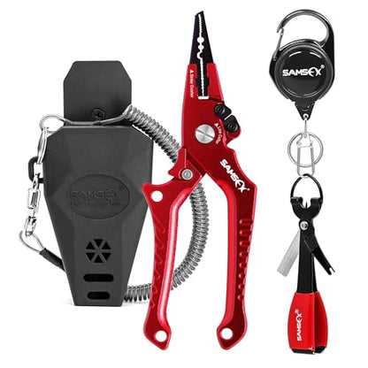 SAMSFX Aluminum Fishing Pliers Hook Remover Braid Line Cutter with Coiled Lanyard, Fly Fishing Knot Tying Tool & Retractors - color: 7'' Split Ring Nose, Red Handle