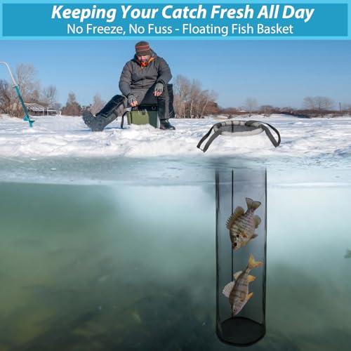 QualyQualy 2-Pack Ice Fishing Live Well, Floating Fish Basket for Live Fish Bait Bucket, Foldable Rubber Coated Fish Bag for Live Caught & Minnow Bucket| Fits All Ice Holes, Carabiner Included