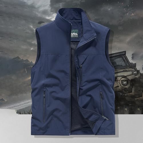 Mens Casual Vests Sleeveless Zip Up Lightweight Fishing Vests Hiking Tactical Windbreakers Outerwear with Pockets - color: #04 Dark Blue, size: 3X-Large