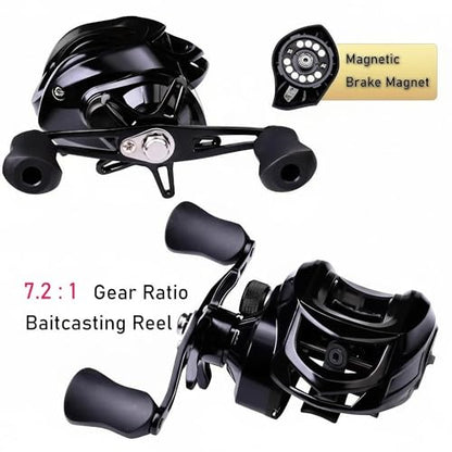 Metal + Nylon Baitcasting Reel - 7.2:1 High-Speed, Metal Spool, Dual Magnetic Brake, 8kg Drag, Long-Casting Anti-Backlash Lure Reel for Bass & Multi-Species Fishing - color: Black