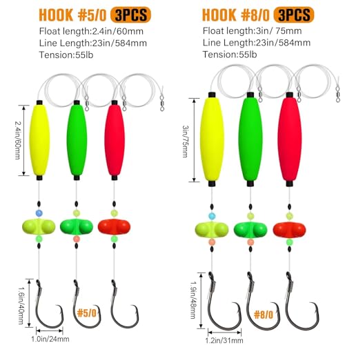 Dovesun Pre-Tied Catfish Rig System, 23 Inch 55LB Santee Cooper Catfish Float Rig with Adjustable EVA Slip Float and High Carbon Circle Hooks 5/0 6/0 8/0, Ready-to-Fish for River and Bank Fishing - color: Cigar Float-5/0Hook * 3PCS