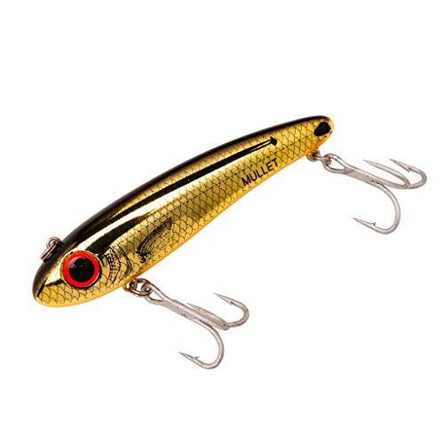 Bomber Lures Mullet Slow-Sinking Twitch / Walking Saltwater Fishing Lure - Excellent for Speckled Trout, Redfish, Stripers and More, 3 1/2 Inch, 5/8 Ounce - color: Gold Chrome/Black/Orange