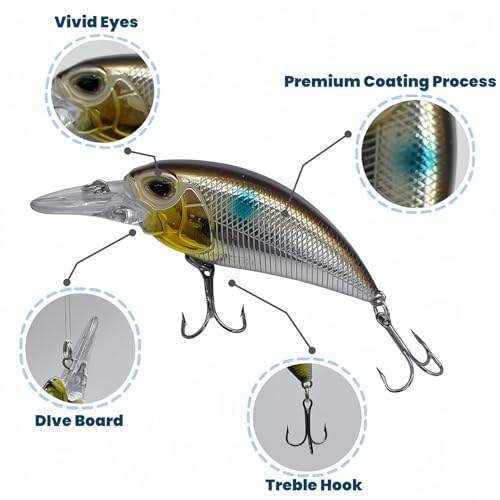 Bestac Fishing Lures Hard Bait Deep Diving Swimbait Crankbait Topwater Lures with Treble Hooks 3D Eyes for Bass Trout Freshwater and Saltwater Depth 1-1.5m Weight 14.5g - color: #1