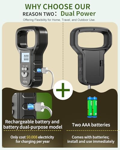 MEIYA Fish Scale/Fishing Scale: Dual Power (Battery/Rechargeable), Extra Wide Handle, Backlit LCD Display, Includes 2 AAA Batteries&USB-C Charging Cable, Fishing Gifts for Men (Black)