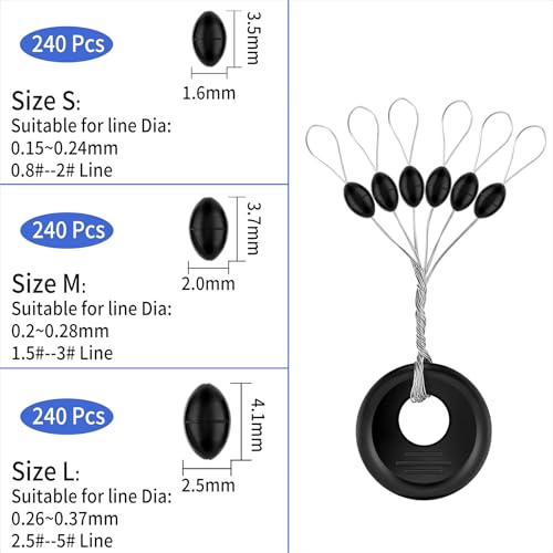 240 Pieces Middle-Sized Fishing Rubber Bobber Beads Stoppers 6 in 1 Black Float Sinker Stops - color: Black S/M/L 240 Pcs Each