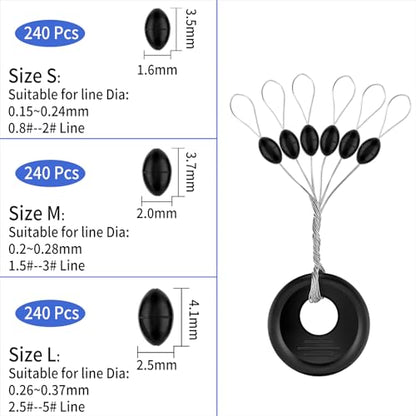 240 Pieces Middle-Sized Fishing Rubber Bobber Beads Stoppers 6 in 1 Black Float Sinker Stops - color: Black S/M/L 240 Pcs Each