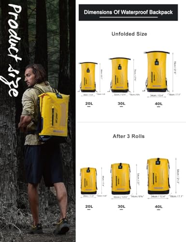 IDRYBAG Waterproof Backpack for Men 20L/30L/40L, Floating Dry Bag Kayak, Dry Backpack Hiking - color: Yellow, size: 20L