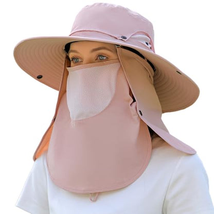 Sun Hat Unisex Face Coverage Shield Neck Flap Cap Garden Lawn Work Sports Hiking Fishing Hats - color: Pink