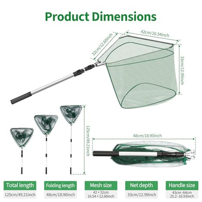 Fishing Net with Telescopic Pole Handle, Fish Landing Net with Sturdy Collapsible Handle, Folding Nylon Mesh Landing Netfor Saltwater and Freshwater, Extend to 50 in