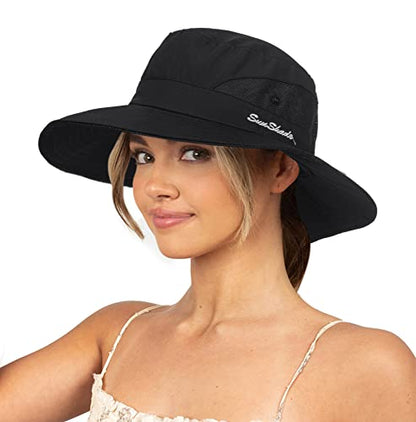 Sun Hat for Women Summer UV Protection Beach Hat Wide Brim Mesh Bucket Fishing Hat with Ponytail Hole Foldable Packable Hat - color: Black(with Ponytail Hole)