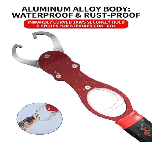 Fish Lip Gripper with Scale, Fish Control Tool Fish Grabber, Stainless Steel Fishing Pliers with Non-Slip Handle, Portable Fish Holder Tool for Saltwater Freshwater Fishing - color: Red