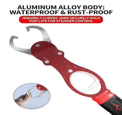 Fish Lip Gripper with Scale, Fish Control Tool Fish Grabber, Stainless Steel Fishing Pliers with Non-Slip Handle, Portable Fish Holder Tool for Saltwater Freshwater Fishing - color: Red