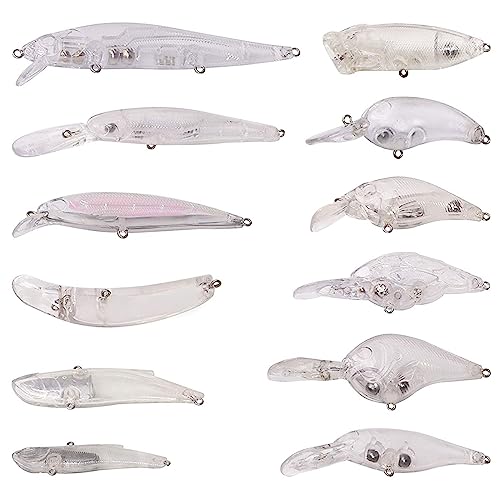 Unpainted Fishing Lures Crankbait Blanks Hard Lures Kit with 3D Eyes Blank Fishing Lure Making Kit Lipless Crankbait Minnow Popper Jerkbait VIB Clear Bodies