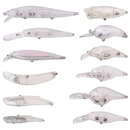Unpainted Fishing Lures Crankbait Blanks Hard Lures Kit with 3D Eyes Blank Fishing Lure Making Kit Lipless Crankbait Minnow Popper Jerkbait VIB Clear Bodies