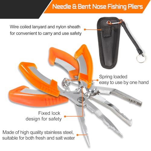 Fishing Pliers Needle & Bent Nose Stainless Steel Hook Remover Fishing scissors Fishings Line Cutter Split Ring Pliers Braid Cutter Multi-purpose Fishings Plier with Sheath and Lanyard